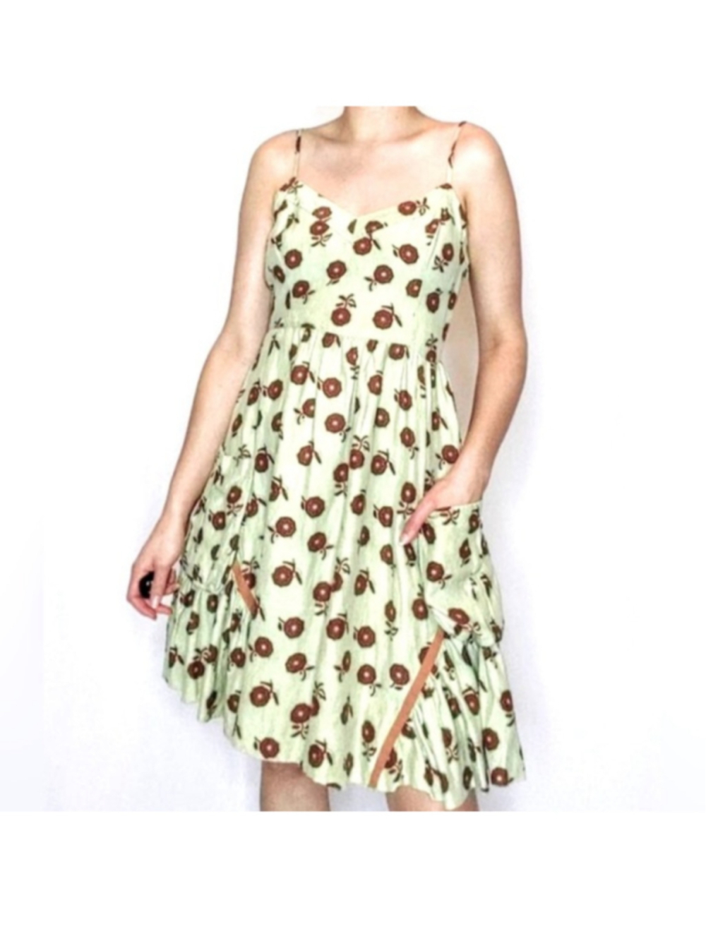 Free People Floral Boho Mini Dress Size 8 Cream Rust Adjustable Straps Pockets